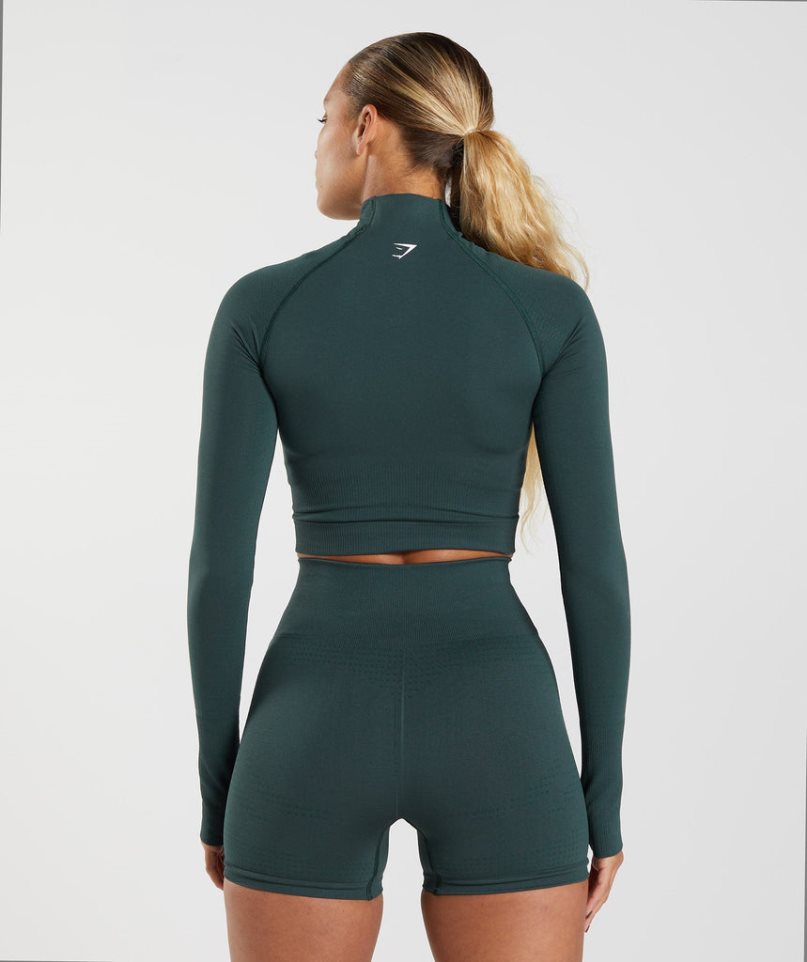 Women's Gymshark Vital Seamless 2.0 High Neck Midi Cropped Tops Dark Green | CA 1DA835